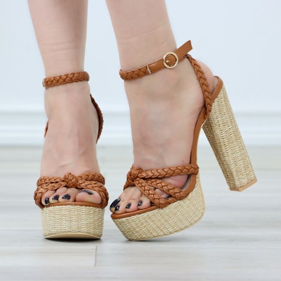 Brown Basket Weave Raffia Block High Heel Platforms - Picture 10 of 12